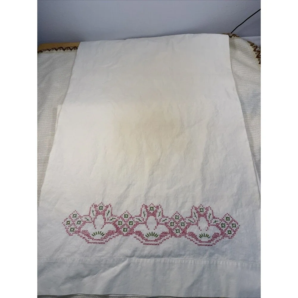 Cross Stitch Floral Pillowcases Set 2 Embroidered Vintage Flowers Read